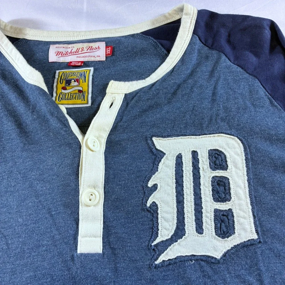 Mitchell & Ness Detroit Tigers Cooperstown Henley Shirt Mens 2XL Blue 3/4 Sleeve